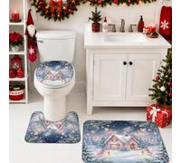 Set di 3 tappeti da bagno natalizi con fatine invernali magiche | Fantasiosa scena della foresta, tappetino da bagno, lanterne luminose, cottage invernale, tessuto morbido