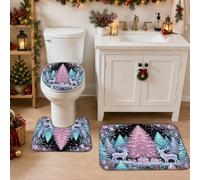 Set di 3 tappeti da bagno natalizi con renna e foresta invernale magica | Paesaggio invernale della foresta, tappetino da bagno, pini luminosi, tema notturno fantasioso, superficie morbida in