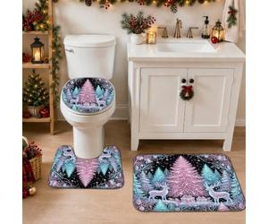 Set di 3 tappeti da bagno natalizi con renna e foresta invernale magica | Paesaggio invernale della foresta, tappetino da bagno, pini luminosi, tema notturno fantasioso, superficie morbida in