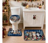 Set di 3 tappeti da bagno natalizi con tre gattini e foresta invernale | Ritratto di tre gattini, tappetino da bagno per doccia, tema foresta invernale innevata, pigne e ornamenti