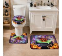 Set di 3 tappeti da bagno per Halloween, motivo: calderone con strega e | Cappello da strega, tappetino da bagno, calderone gorgogliante, Jack-o'-lanterns, sfondo scozzese, decorazione autunnale
