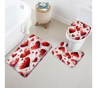 Set di 3 Tappeti da Bagno,Red Love Heart Love's Day Watercolor Love Modern Romantic Fashion Comodi Tappetini Per WC Antiscivolo Tappetino a Forma di U per Vasche Docce WC