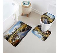 Set di 3 Tappeti da Bagno,Rustic Green Farm Spring Summer Flower Antiscivolo Tappetino per WC Pelosi Tappetino girowater a Forma di U per Vasche Docce WC