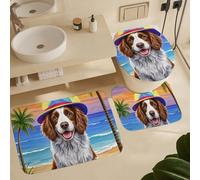 Set di 3 Tappeti da Bagno,Summer Dog Welsh Springer Spaniel Dog Sunset Traspiranti Tappetino per WC Asciugatura Rapida Tappeto a Forma di U per WC Bagno Vasche