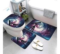 Set di 3 tappeti da bagno super assorbenti, set di tappetini da bagno antiscivolo, lavabile, tappetino contorno e copriwater, motivo: galassia spaziale, con telescopio, tappetino da bagno per bagno e