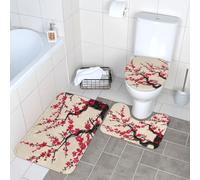 Set di 3 tappeti da bagno super assorbenti, set di tappetini da bagno antiscivolo, tappetino da bagno lavabile e copriwater con motivo floreale giapponese con fiori di ciliegio, tappeto da bagno per