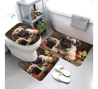Set di 3 tappeti da bagno super assorbenti, set di tappetini da bagno antiscivolo, tappetino da bagno lavabile, tappetino per WC e copertura per WC, cuccioli di carlino, tappetino da bagno per doccia