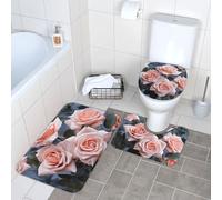 Set di 3 tappeti da bagno super assorbenti, set di tappetini da bagno antiscivolo, tappetino da bagno lavabile e copriwater con fiori rosa rosa, tappetini da bagno per bagno doccia