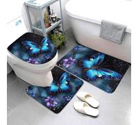 Set di 3 tappeti da bagno super assorbenti, set di tappetini da bagno antiscivolo, tappetino da bagno lavabile, tappetino contorno e copriwater copriwater, motivo: farfalla blu galassia, tappeto da