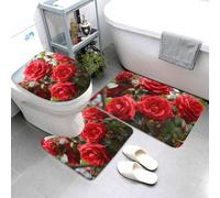 Set di 3 tappeti da bagno super assorbenti, set di tappetini da bagno antiscivolo, tappetino da bagno lavabile e copriwater con rose rosse, cespuglio in giardino, tappetino da bagno per doccia