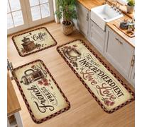 Set di 3 tappeti da cucina a tema caffè rustico | Tappeto rustico a tema caffè, per pavimenti della cucina, accenti floreali, decorazione per pavimenti della cucina, stile bar