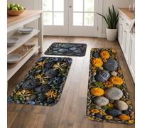Set di 3 tappeti da cucina botanici con pietre di fiume e calendula | Decorazioni floreali di calendula, tappetini da cucina per pavimento, motivo botanico della natura, ispirato alla spa zen