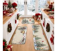 Set di 3 tappeti da cucina con alberi di bosco di cardinali e pineti | Tappeto per lavello da cucina, motivo uccelli cardinali, pigne invernali, lanterne rustiche, accenti stagionali per pavimento