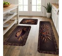 Set di 3 tappeti da cucina con chicchi di caffè, rustici tradizionali, frutti, grano, nessuno marrone scuro, comodi, lavabili, imbottiti, per lavanderia, ingresso e corridoio