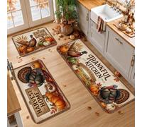 Set di 3 tappeti da cucina con citazione della Turchia del Ringraziamento | Tappeto per lavello da cucina, stile rustico, motivo raccolto stagionale, struttura in legno, tappetini decorativi per cucina