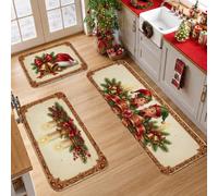 Set di 3 tappeti da cucina con fatine e campane, decorazione stagionale con | Elfi, tappeti per pavimento della cucina, campane Jingle, rami di pino, nastri rossi, decorazioni stagionali per la casa