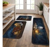 Set di 3 tappeti da cucina con gufo, fantasiosi rotoli mistici con lanterna N/A, marrone, morbidi, lavabili, decorazione per lavello, lavanderia, bagno, ingresso