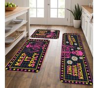 Set di 3 tappeti da cucina con scheletro, fantasioso e giocoso con testo floreale, nero, confortevole, lavabile, imbottito, decorativo, per lavanderia, bagno, ingresso