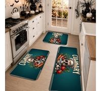 Set di 3 tappeti da cucina con teschio gotico e citazione culinaria per | Chef Skull Theme, Kitchen Sink Tappeto, Verdure, Citazione culinaria, Sfondo Teal Sfondo, Decorazione Gotica Cucina