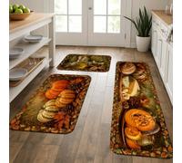 Set di 3 tappeti da cucina con zucche, rustici, con zucca, pigna, arancione, lavabili, comodi, per lavanderia, lavanderia, ingresso e corridoio