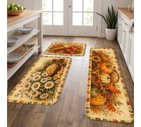 Set di 3 tappeti da cucina con zucche, stile rustico tradizionale cornucopia crisantemo giallo autunnale, morbidi, lavabili, per lavanderia, ingresso e corridoio
