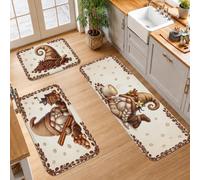 Set di 3 tappeti da cucina fantasiosi a tema gnomo caffè | Tema caffè, tappeto per lavello da cucina, stile rustico, decorazione da cucina, toni neutri caldi, opera d'arte con gnomo