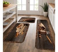 Set di 3 tappeti da cucina in chicchi di caffè, rustici, con cucchiaio, mattarello in legno, nessuno marrone, morbidi, lavabili, decorativi, per lavanderia, ingresso e bagno