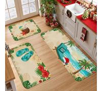 Set di 3 tappeti da cucina natalizi a tema tropicale | Tema tropicale, tappetini da cucina per pavimento, decorazione costiera, fiori di ibisco, citazione modalità vacanza