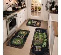 Set di 3 tappeti da cucina per Halloween con scritta in lingua inglese | Tappeto a tema strega, tappeti per pavimento della cucina, barattoli da farmacia, stile gotico, decorazione stagionale per la