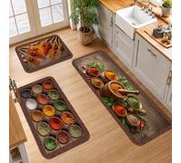 Set di 3 tappeti da cucina rustici a tema spezie | Legno Texture Sfondo, Stuoie Da Cucina Per Pavimento, Mortaio E Pestello Motivi, Disposizione Erbe Culinaria