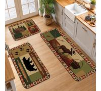 Set di 3 tappeti da cucina rustici con orso nero | Tema rustico della cabina, tappeti per il pavimento della cucina, motivi animali del bosco, decorazione della cucina della