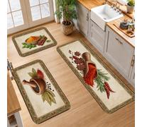 Set di 3 tappeti da cucina rustici con spezie ed erbe aromatiche | Tema culinario, tappetini da cucina per pavimento, bordo botanico rustico, illustrazione di mortaio e pestello