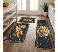 Set di 3 tappeti da cucina rustici tradizionali con chicchi di caffè di grano, blu scuro, lavabili, comodi, decorativi, per lavello, lavanderia, bagno, ingresso