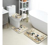 Set di 3 tappetini da bagno a forma di anatra, stile rustico, ad acquerello, assorbente, antiscivolo, a forma di U, lavabili, ispirati alla natura, ad asciugatura rapida, in memory foam, set di