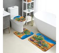 Set di 3 tappetini da bagno a forma di cactus, con motivo sud-occidentale, assorbente, antiscivolo, a forma di U, lavabili, in memory foam, ad asciugatura rapida, per deserto estivo