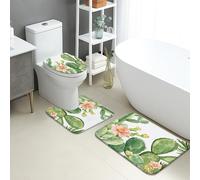Set di 3 tappetini da bagno a forma di cactus, con piante verdi tropicali, assorbenti e antiscivolo, a forma di U, lavabili, motivo floreale estivo, ad asciugatura rapida, in memory foam, set di