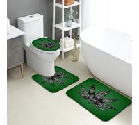 Set di 3 tappetini da bagno a forma di foglia di cannabis verde, motivo artistico con foglie nere assorbenti antiscivolo tappeti da bagno a forma di U lavabili, set di tappeti da bagno in memory foam