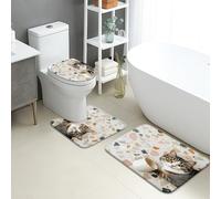 Set di 3 tappetini da bagno a forma di gatto, moderni astratti con pietre colorate, assorbenti, antiscivolo, a forma di U, lavabili, contemporanei, ad asciugatura rapida, in flanella