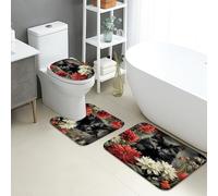 Set di 3 tappetini da bagno a forma di gatto, stile vintage, con motivo floreale, assorbente, antiscivolo, a forma di U, lavabili, in memory foam, ad asciugatura rapida, per autunno