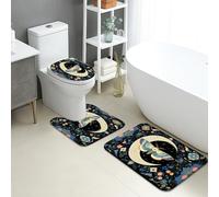 Set di 3 tappetini da bagno a forma di luna e farfalla, motivo floreale con cielo notturno, assorbente, antiscivolo, a forma di U, lavabile, in flanella ad asciugatura rapida, set di tappeti da bagno