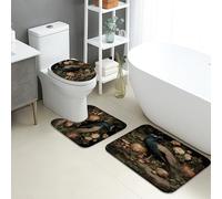 Set di 3 tappetini da bagno a forma di pavone, stile vintage, motivo floreale ispirato alla natura, assorbente, antiscivolo, a forma di U, lavabile, in memory foam, ad asciugatura rapida, per autunno