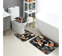 Set di 3 tappetini da bagno a forma di pesce carpa, eleganti motivi a onde d'acqua nere assorbenti antiscivolo a forma di U lavabili, moderni tappeti da bagno in flanella ad asciugatura rapida