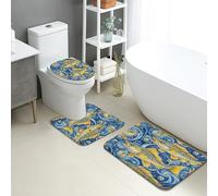Set di 3 tappetini da bagno a forma di pesce oceano, motivo a vortice blu artistico assorbente antiscivolo a forma di U, lavabile, estivo, costiero ad asciugatura rapida, in memory foam, set di
