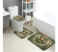 Set di 3 tappetini da bagno a forma di scimmia, con foglie verdi della giungla, assorbenti e antiscivolo, a forma di U, lavabili, ispirati alla natura, ad asciugatura rapida, in flanella