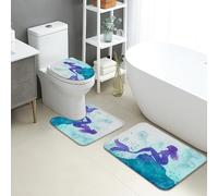 Set di 3 tappetini da bagno a forma di sirena oceanica, artistici, blu acqua, antiscivolo, a forma di U, lavabili, in flanella, ad asciugatura rapida