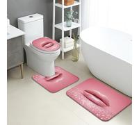 Set di 3 tappetini da bagno a forma di U lavabili, in memory foam, con motivo a labbra di pesca, affascinanti, glitterati, assorbenti, antiscivolo, lavabili, morbidi, ad asciugatura rapida, in memory