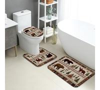 Set di 3 tappetini da bagno a tema natura, assorbenti per orso rustico e alberi, antiscivolo, a forma di U, lavabili in autunno foresta ad asciugatura rapida, set di tappeti