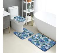 Set di 3 tappetini da bagno ad acquerello blu oceano geometrico astratto assorbente antiscivolo tappeti da bagno a forma di U lavabili, estate costiera ad asciugatura rapida in memory foam set di