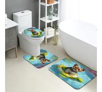 Set di 3 tappetini da bagno adorabili Yorkshire Terrier su piscina con tartarughe, assorbenti e antiscivolo, a forma di U, lavabili, a tema animali estivi, ad asciugatura rapida, in memory foam, set