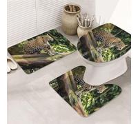 Set di 3 tappetini da bagno antiscivolo lavabili con contorno a forma di U tappetino da bagno assorbente in microfibra tappetini da bagno Jaguar gatto sul tronco d'albero cascata tappetini da bagno